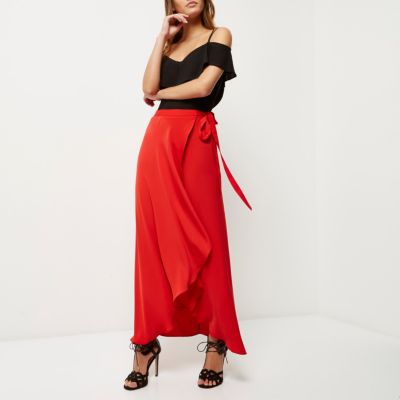 Red wrap front maxi skirt